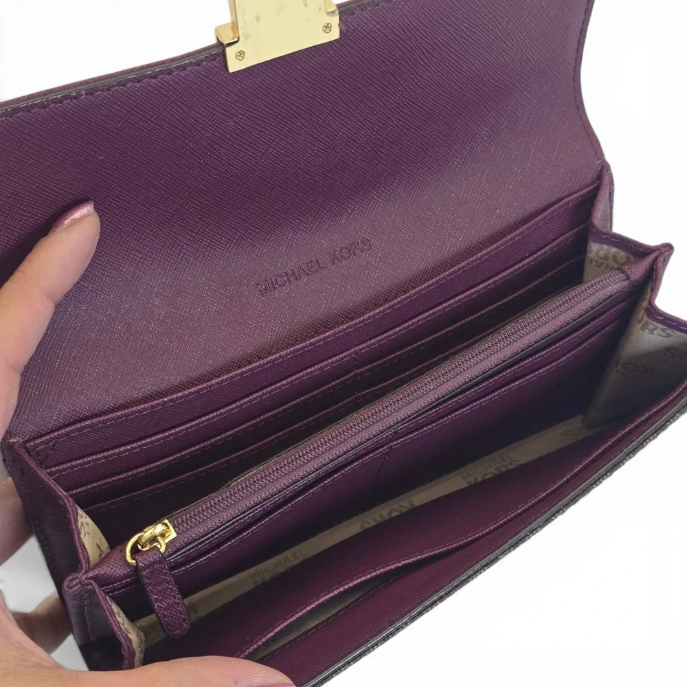Michael Kors Bridgette Flap Wallet Brown MK‎ Logo Burgandy Eggplant Leather Lock